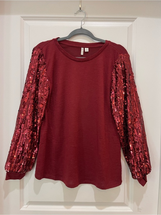 Cato Tops - Cato Burgundy Wine Red Sequin Long Sleeve Top Knit Blouse Medium